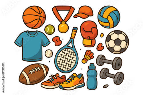 Sports equipment set. Fitness and athletic activity icons. Vector cartoon collection with basketball, soccer, football, tennis, boxing glove, and medal. Healthy lifestyle objects.