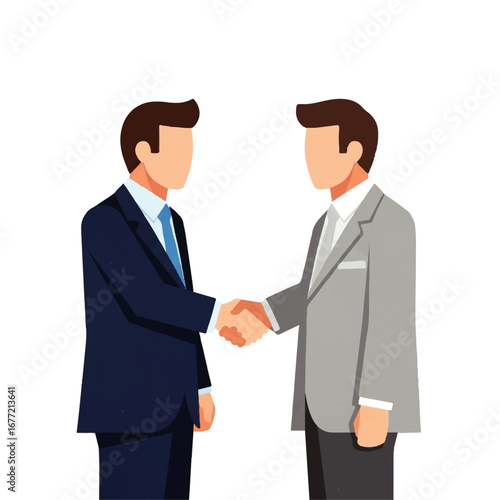Two businessmen in suits shake hands, signifying a successful deal or partnership against a white background.