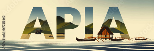 APIA landscape illustration with traditional Samoan huts, outrigger canoes, tropical mountains, and serene ocean in modern vector art