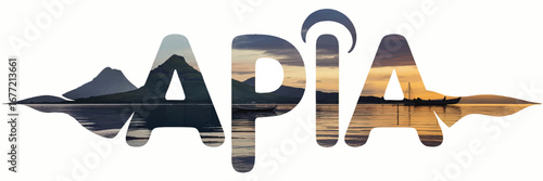 APIA Samoa Silhouette Logo with Tropical Mountain Sunset Landscape and Traditional Canoes, Double Exposure Island Travel Concept Art