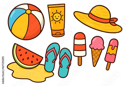Summer vacation beach accessories and food set. Colorful vector cartoon collection with ball, sun hat, sunscreen, flip-flops, watermelon, ice cream and popsicles. Holiday items.