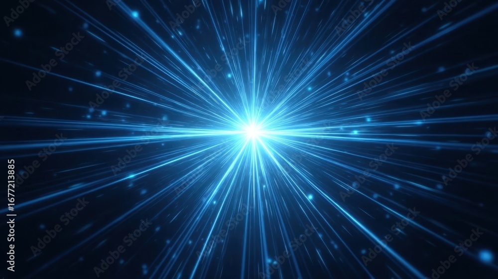 Naklejka premium Dynamic Blue Light Rays Burst with Sparkles and a Bright Center Glowing Against a Dark Background for Abstract Designs and Visual Projects