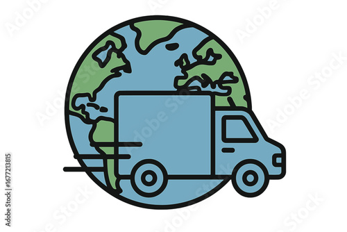 Planet Earth with Delivery Truck Outline Symbol for Global Shipping and Express Delivery Concept, Logistics Transport Icon for Graphic Design, Apps, Adverts, and Various Cards
