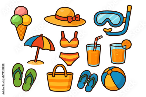 Colorful summer icons featuring beach essentials with ice cream cones, sun hats, snorkeling gear, flip flops, beach balls, drinks, and tote bags for fun seaside vacation vector cartoon illustration