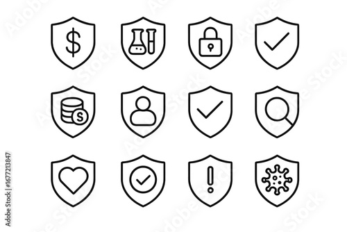 Money, Lab Flasks, Shopping, Security, Health, and User Protection Icons Set with Thin Editable Stroke Shields, Vector Cartoon Illustration for Web, Apps, Books, and Cards