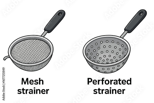 Comparison of Two Kitchen Strainers: Mesh Strainer and Perforated Strainer for Food Preparation and Liquid Separation, Vector Cartoon Illustration, Kitchen Tools, Cooking Utensils
