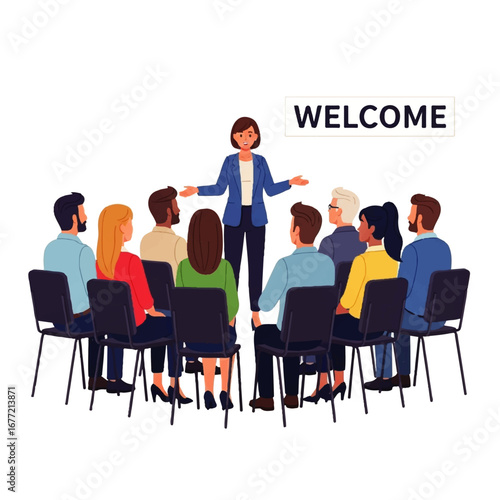 A welcoming businesswoman gives a presentation to a diverse group of attentive colleagues seated in chairs.