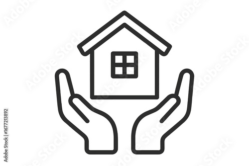 Private house icon above open hands, modern outline style, secure home symbol for design, apps, cards, social networks, vector cartoon illustration, transparent background