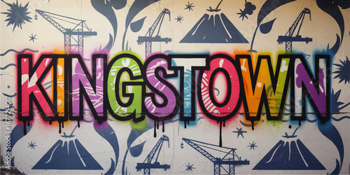 Vibrant Kingstown Graffiti Mural with Colorful Spray Paint, Cranes, and Volcanic Elements on Urban Wall Art