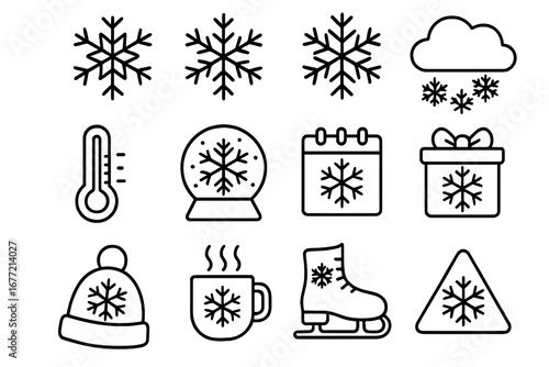 Snowflake-themed winter icons set, outline design for graphic, web, app, advertisement, festive season, cold weather, holiday cards, vector cartoon transparent background