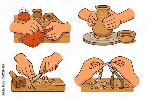 Crafting and skillful hands engaged in various artisan activities indoors during daytime hours, including sewing, pottery, woodworking, and jewelry making, vector cartoon illustration set