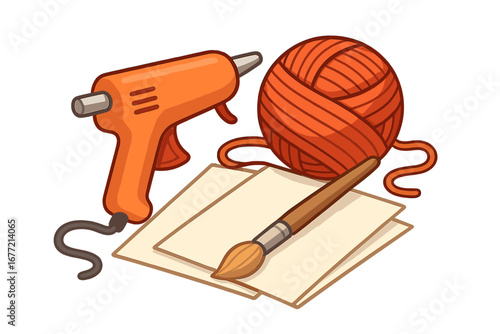 Crafting supplies with hot glue gun, yarn ball, paintbrush, and paper sheets for DIY creative projects, arts and crafts tools, hobby materials, colorful cartoon vector illustration