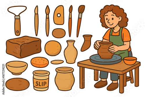 Creative pottery tools and materials in workshop setting with hands shaping clay on pottery wheel, vector cartoon illustration for craft, art, ceramics, and DIY activities