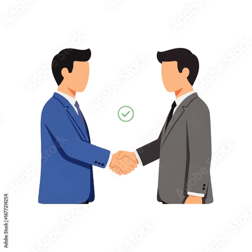 Two businessmen shake hands, signifying a successful deal or partnership against a clean white background.