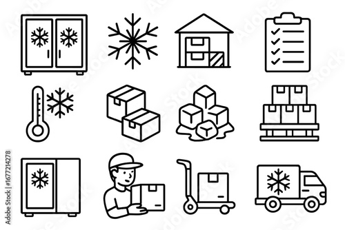 Set of freezer and cold storage warehouse line icons, outline symbols for logistics, refrigeration, delivery, temperature control, packaging, shipment, and inventory management in vector cartoon style