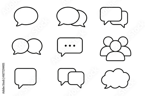 Speech Bubbles Talking Conversation Dialogues Icons Collection, Editable Line Art Vector Set, Communication Chat Symbols, Messaging UI Elements for Web, Apps, Cards, Books