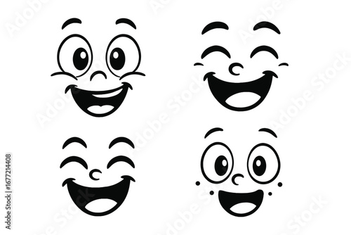 Cute cartoon happy faces expressing joy and laughter with cheerful round features, playful emotions, black and white vector illustration, simple design, transparent background