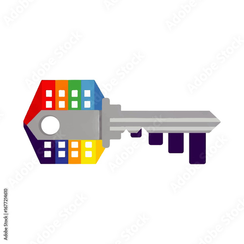 A colorful house-shaped key unlocks new home ownership opportunities, symbolizing a bright future and successful real estate investment.