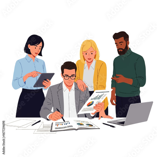 A diverse business team collaborates on a project, reviewing data and charts in a focused and supportive office environment.