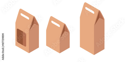 Isometric paper bags with handles set. Three brown packaging boxes for gifts and takeaway orders. Different sizes for delivery service and retail. Vector illustration isolated on white background