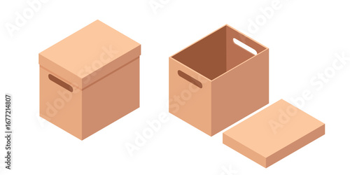 Isometric brown cardboard boxes set with handles. Closed box, open container, and separate lid. Packaging concept for delivery and storage services. Vector illustration isolated on white background
