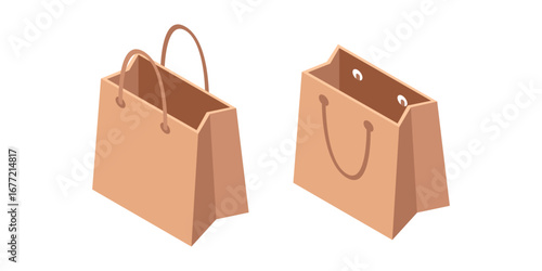 Isometric shopping bags collection. Two brown paper bags with handles for retail purchases. Eco-friendly packaging design for stores and markets. Vector illustration isolated on white background