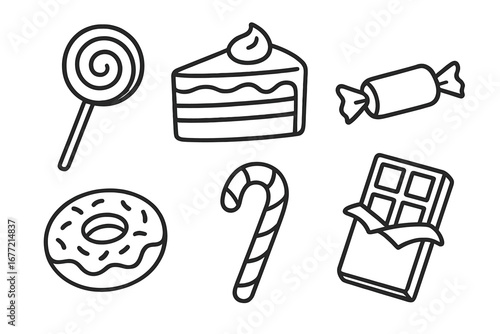 Delicious assortment of iconic sweets in simplified line art style, vector cartoon illustration with transparent background, including lollipop, cake, candy, donut, candy cane, chocolate bar