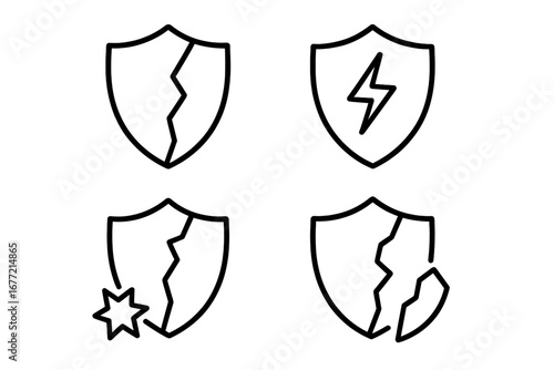 Set of broken shield line icons, cracks and damage symbols, security risk and vulnerability signs, outline vector graphic design elements for apps, web, and advertising cards
