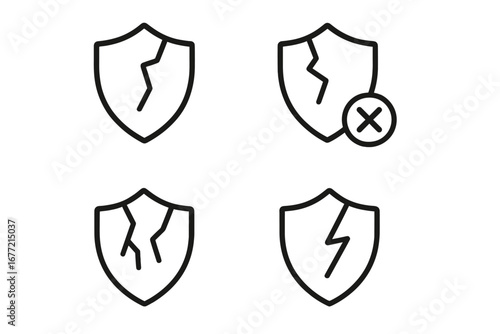 Set of Forbidden Concept Line Icons with Broken Shield Symbols, Outline Signs for Graphic and Web Design, Apps, Adverts, Security, Error, and Protection Themes, Vector Illustration
