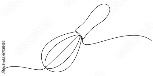 Whisk continuous one line icon isolated on white background. Bakery symbol art drawing. Whisk design outline. Editable stroke. Vector illustration