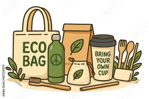 Eco-friendly sustainable living essentials with reusable bags, bottles, utensils, cups, and natural bamboo toothbrush for greener lifestyle concept vector cartoon illustration