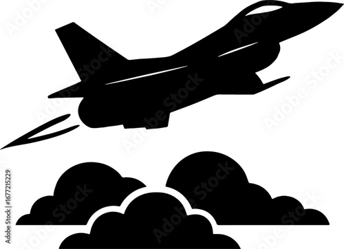 Jet Flying Through Clouds with Afterburner - Speed Silhouette Illustration With White Background 