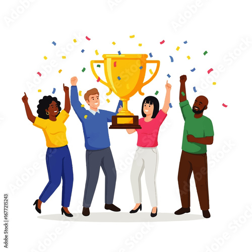 A diverse team joyfully celebrates their victory, raising their arms in triumph amidst a shower of confetti surrounding a large gold trophy.