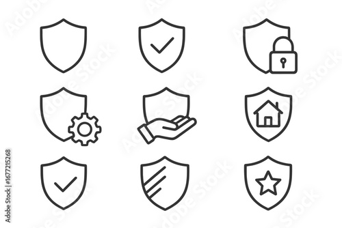 Shield Defense and Insurance Icon Bundle, Minimalist Linear Pictogram Set for Web Design, Apps, Banners, Social Media, Cards, Vector Graphic Elements, Security and Protection Symbols
