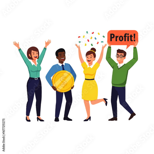 A jubilant business team celebrates a major profit, joyfully raising their arms amidst confetti, symbolizing success and achievement.
