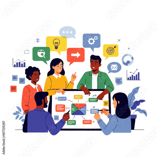 A diverse team collaborates on a project plan, brainstorming innovative ideas and strategies in a lively and optimistic office setting.