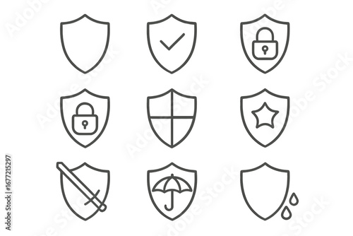 Shield defense and insurance line icon bundle, minimalistic linear security pictograms for web, graphic design, apps, banners, social networks, cards, vector cartoon