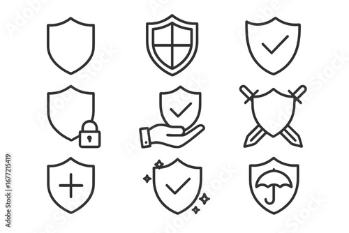 Simple Linear Icon Set of Shield Symbols for Defence, Security, and Insurance Concepts. Minimalist Pictograms for Web, Graphic Design, Apps, Banners, Social Media, and Cards. Vector Cartoon Style.