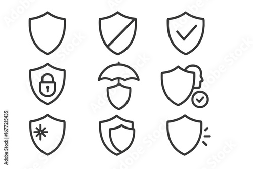 Simple Linear Shield Icon Set, Defense and Security Symbols, Minimalist Vector Pictograms for Web, Graphic Design, Apps, Banners, Social Media, and Cards, Protection and Safety Elements