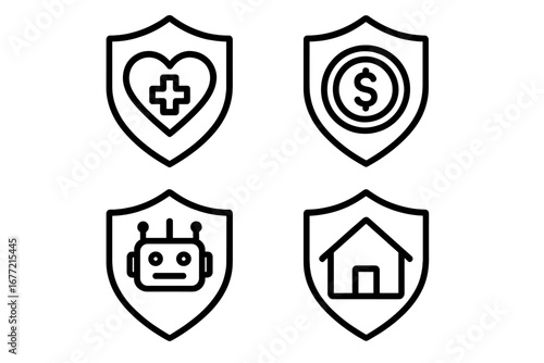 Simple linear illustration of insurance protection icons including health, money, technology robot, and home security shields for graphic design, apps, and concept illustrations