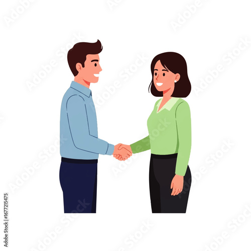 Smiling business man and woman shake hands, a gesture of agreement and partnership against a white background.
