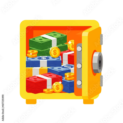 A yellow safe overflows with stacks of colorful cash and golden coins, symbolizing wealth and financial success.