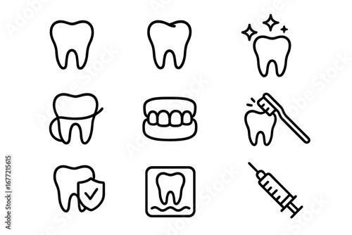 Teeth Line Icon Collection, Dental Care Outline Signs, Oral Hygiene Symbols for Graphic Design, Web, Apps, Advertisements, Health Cards, Vector Cartoon Illustrations Transparent Background