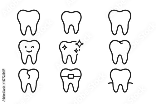 Teeth Line Icon Pack, Outline Tooth Symbols for Dental Care, Oral Hygiene, Orthodontics, Dentistry, Apps, Web Design, Advertisements, Vector Cartoon Illustration, Transparent Background, Set 1