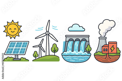 Exploring Various Renewable Energy Sources and Sustainable Technologies in Modern Energy Landscape with Solar Panels, Wind Turbines, Hydropower, and Clean Energy Cartoon Vector