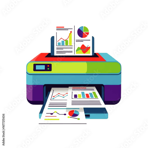 A colorful inkjet printer efficiently outputs financial reports displaying upward trending graphs and charts, symbolizing business growth and success.