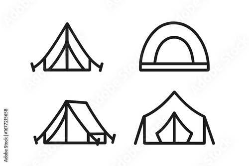 Tent line icon set, outdoor camping symbols, outline signs for graphic and web design, app interface, advertising, camping and hiking equipment vector illustrations, transparent background