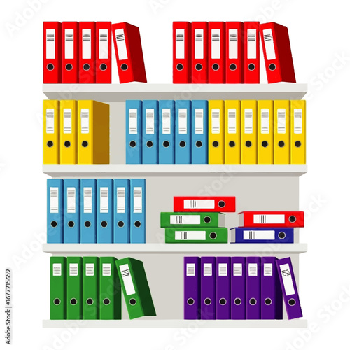 Colorful ring binders neatly organized on a white shelf, showcasing efficient office organization and a vibrant, cheerful atmosphere.