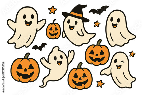 Fun Halloween doodles featuring playful ghosts, smiling jack-o-lanterns, cute bats, and bright stars ideal for festive fall decorations and spooky seasonal designs