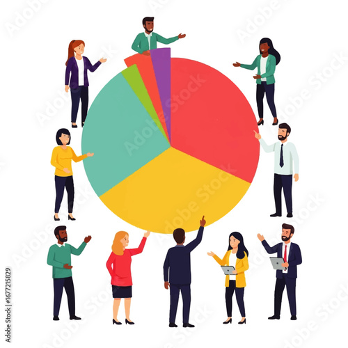A diverse team collaborates around a large pie chart, actively discussing data and strategy in a vibrant, optimistic workspace.